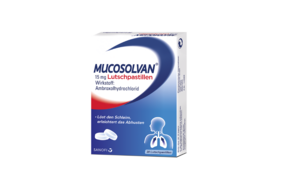 Sie sehen eine Packung Mucosolvan® 15 mg - Lutschpastillen, Produktbild: 01 Mucosolvan® 15 mg - Lutschpastillen, A-Nr.: 3517991 - 01
