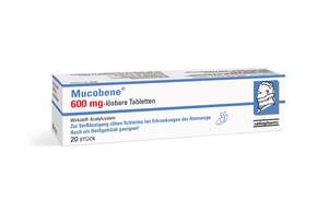 Sie sehen eine Packung Mucobene® 600 mg – lösbare Tabletten, Produktbild: 01 Mucobene® 600 mg – lösbare Tabletten, A-Nr.: 3931466 - 01