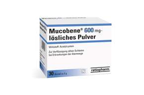 Sie sehen eine Packung Mucobene® 600 mg lösliches Pulver, Produktbild: 01 Mucobene® 600 mg lösliches Pulver, A-Nr.: 1269767 - 01